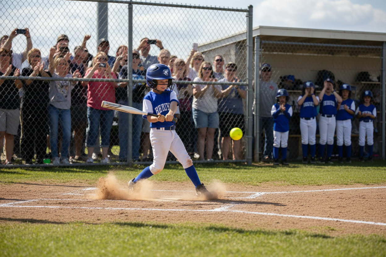 Kid hitting a softball with crowd cheering